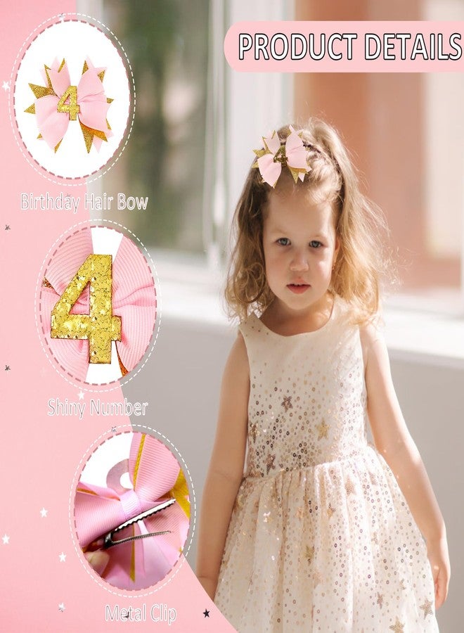 Vovii Sparkling Pink Fourth Birthday Hair Bow for Baby Girl 4th Birthday Decorations，Celebration Hair Accessories for Fourth Girls Party Supplies Outfit - Image 3